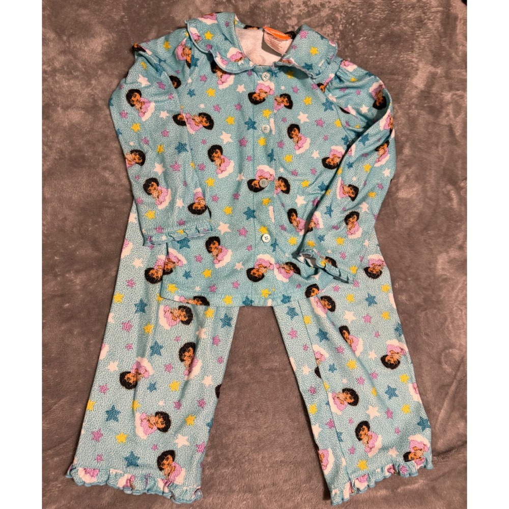 Nickelodeon Dora the Explorer Girls Pajama Set Blue Fleece Stars Ruffle Size 6
